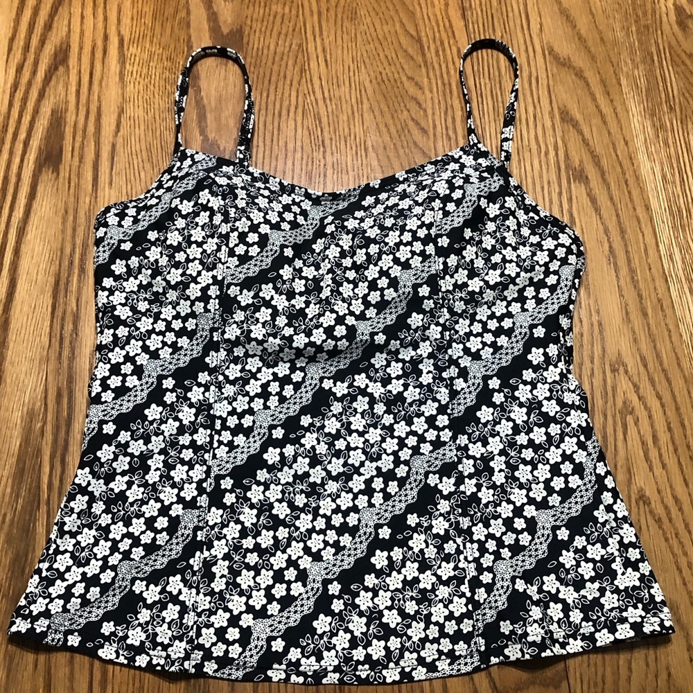 Island Love Ladies Black & White Floral Tankini Top Sz 10 Large Adjustable Strap